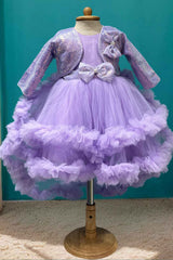 Purple Sleeveless And Bow Embellished Tailback Frock With Sequin Worked Overcoat For Girls