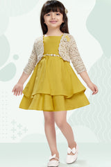 Girls Mustard Yellow Layered Frock With Lace Shrug And Floral Accent