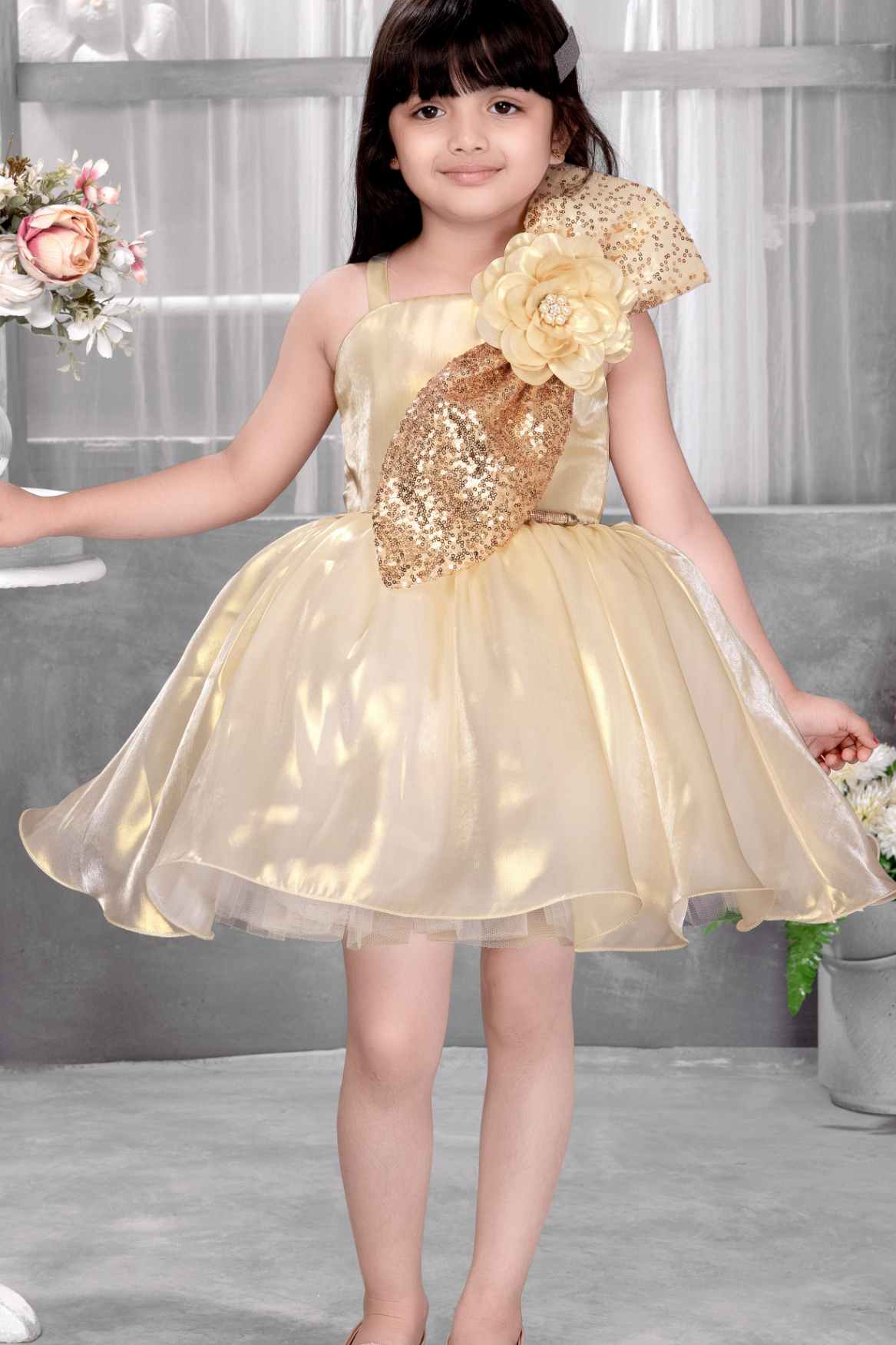 Golden Shimmer Party Frock with Sequin Bow and 3D Flower Detail For Girls