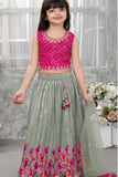 Rani Pink Embroidered Choli With Sage Green Sequin Floral Lehenga and Dupatta For Girls