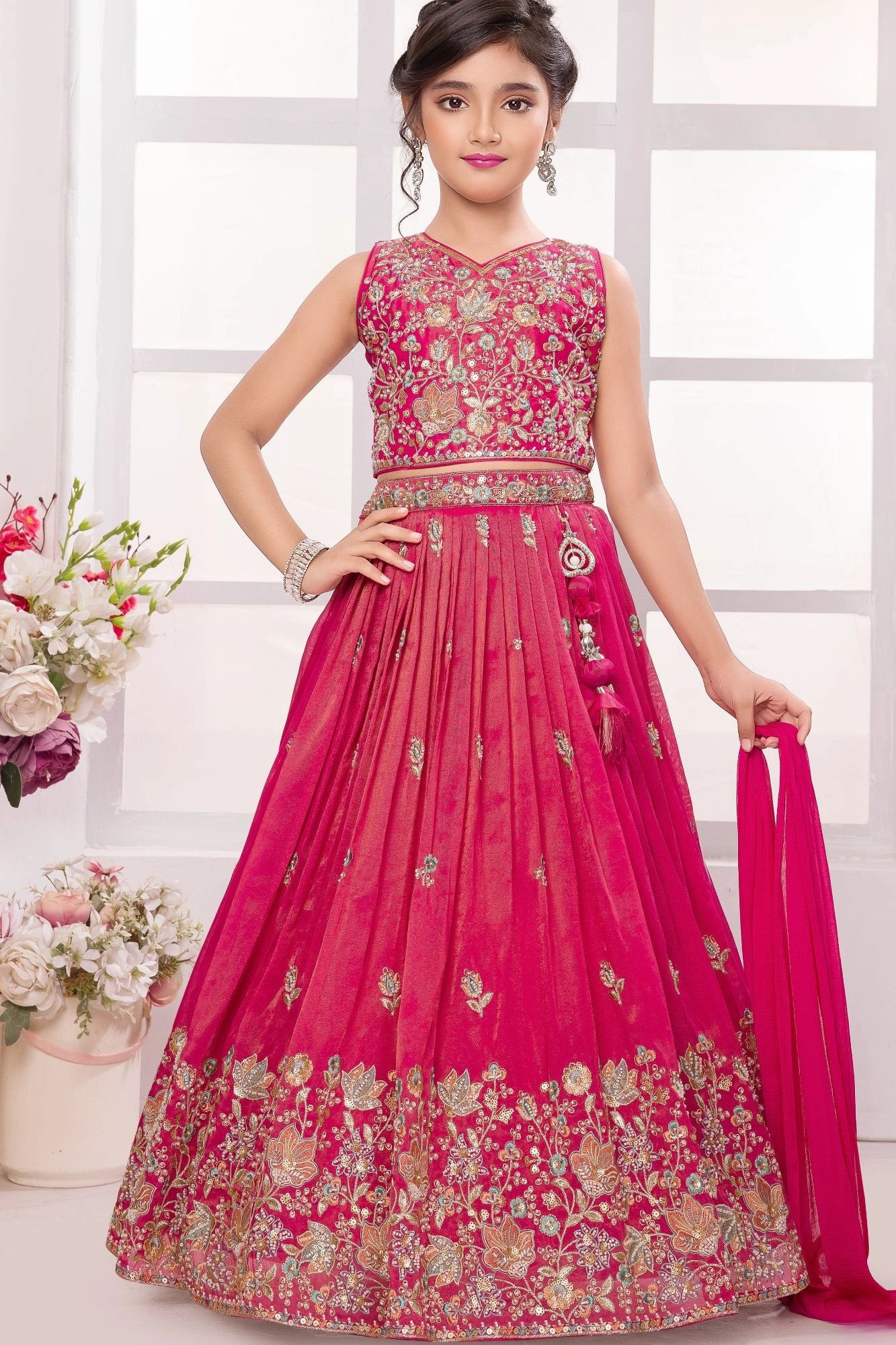 Royal Rani Pink Heavy Embroidered Lehenga Choli Set For Girls