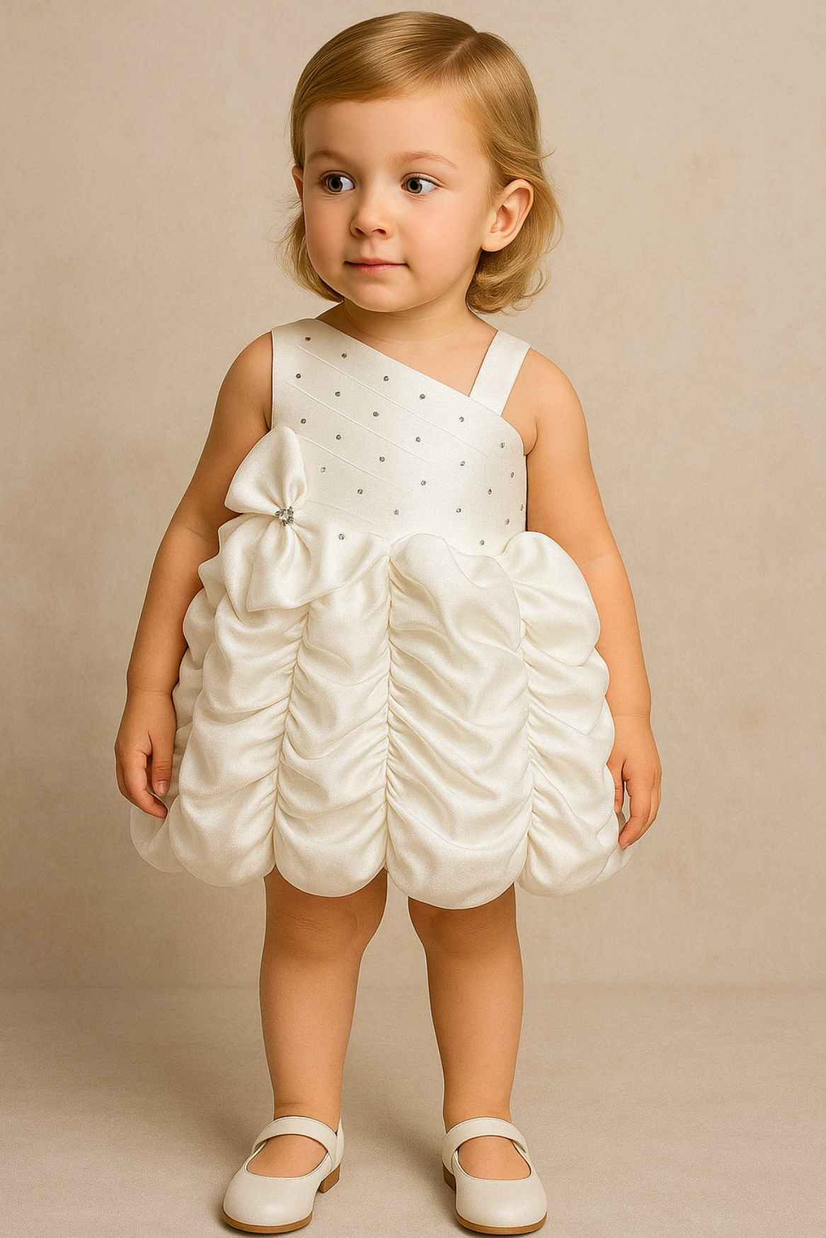 White Asymmetrical Satin Party Frock With Ruched Bubble Skirt For Girls