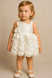 White Asymmetrical Satin Party Frock With Ruched Bubble Skirt For Girls