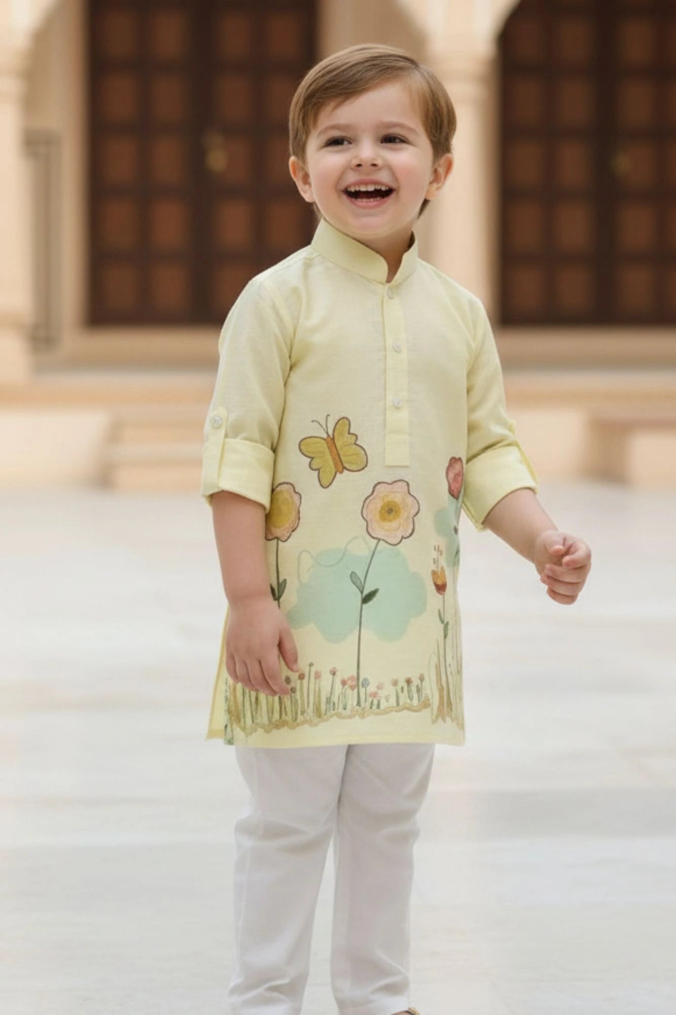 Pastel Yellow Floral Print Kurta with White Pajama For Boys
