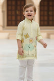 Pastel Yellow Floral Print Kurta with White Pajama For Boys