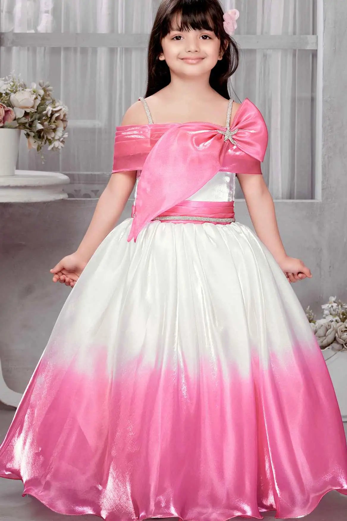 Designer Pink Bow Embellished With Stone Waist Band For Girls
