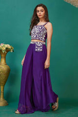 Purple Sleeveless And Sequin Embroidered Palazzo Set For Girls