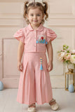 Girls Peach Pleated Co-Ord Set with Floral Patch Pocket