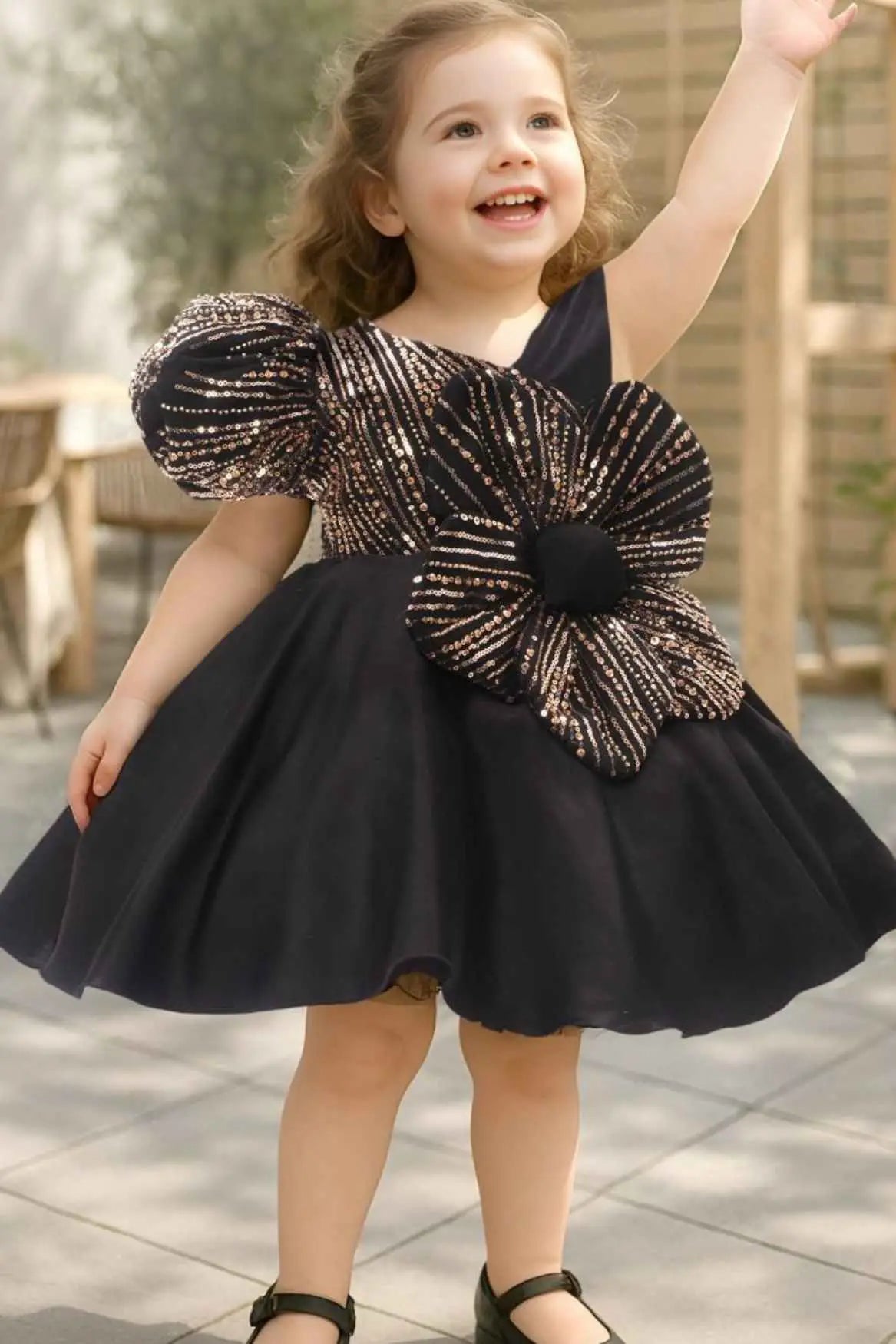 Black Party Frock With Sequins And Floral Embellishment For Girls