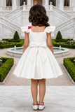 Girls White Party Wear Frock with 3D Rose Applique Detailing