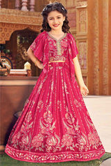 Rani Pink Sequins And Mirror Embroidery With Floral Printed Lehenga Choli Set For Girls