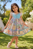 Girls Blue Dress with Multicolor Print And Embroidery Yoke