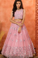 Elegant Pink Sequin Embroidery Lehenga Choli For Girls