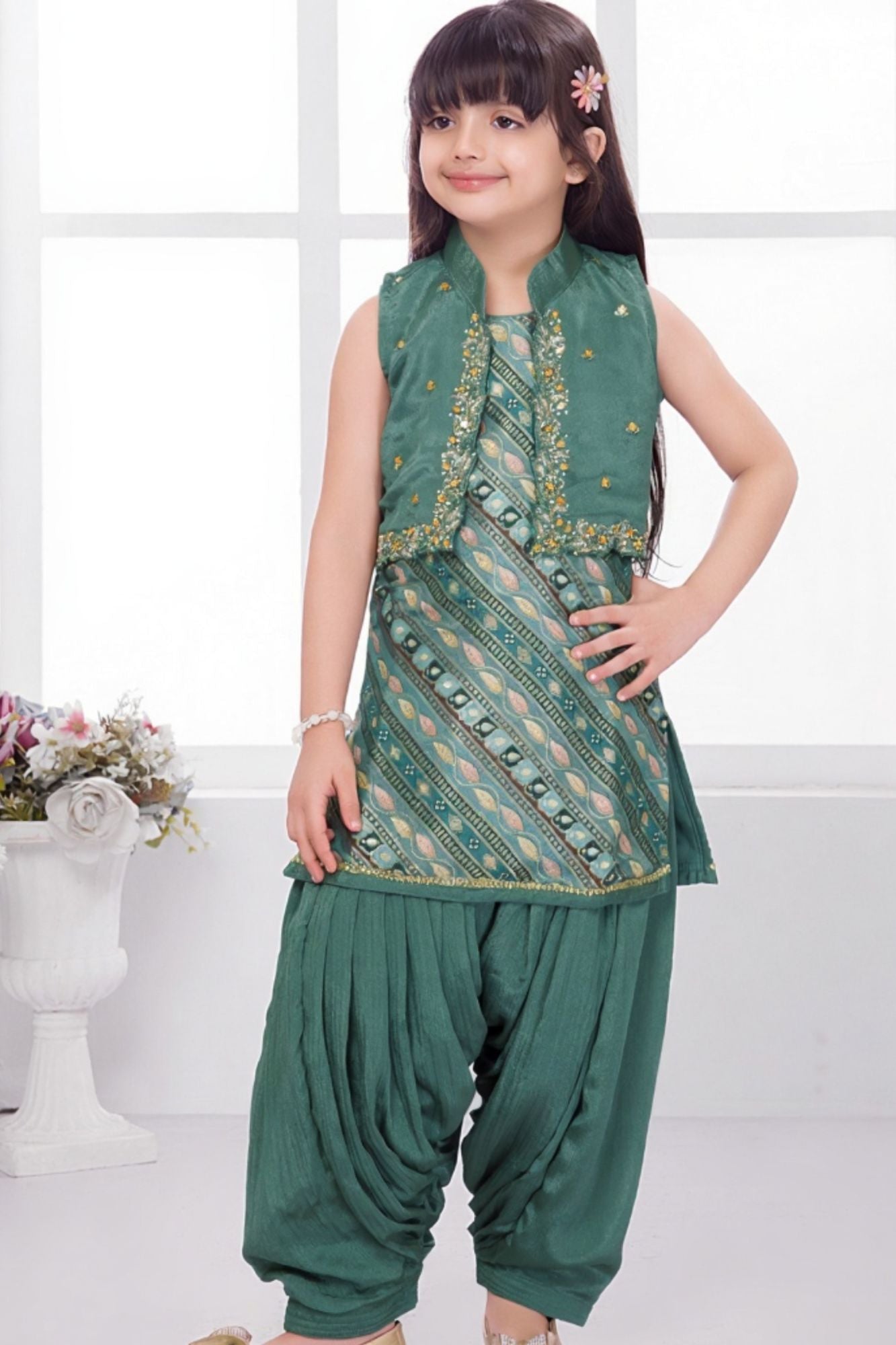 Green Printed Patiala Set with Embroidered Jacket For Girls