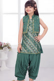 Green Printed Patiala Set with Embroidered Jacket For Girls