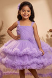Purple Sleeveless Stone Work And Floral Embellished Tail Back Frock For Girls