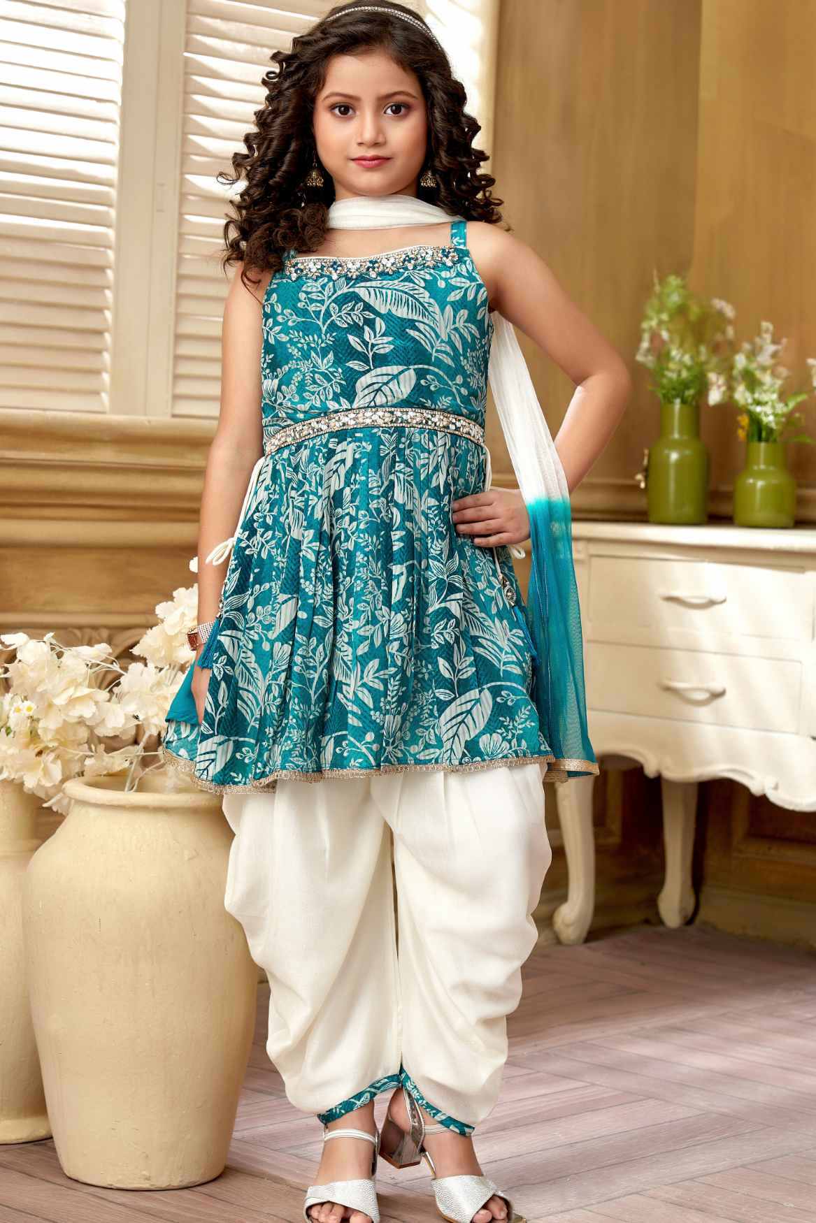 Green Printed And Stone Work Top With Dhoti Bottom Set For Girls