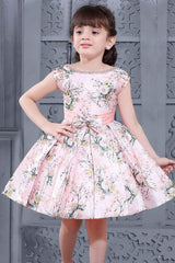 Peach Floral Printed Frock With Bow Embellished For Girls