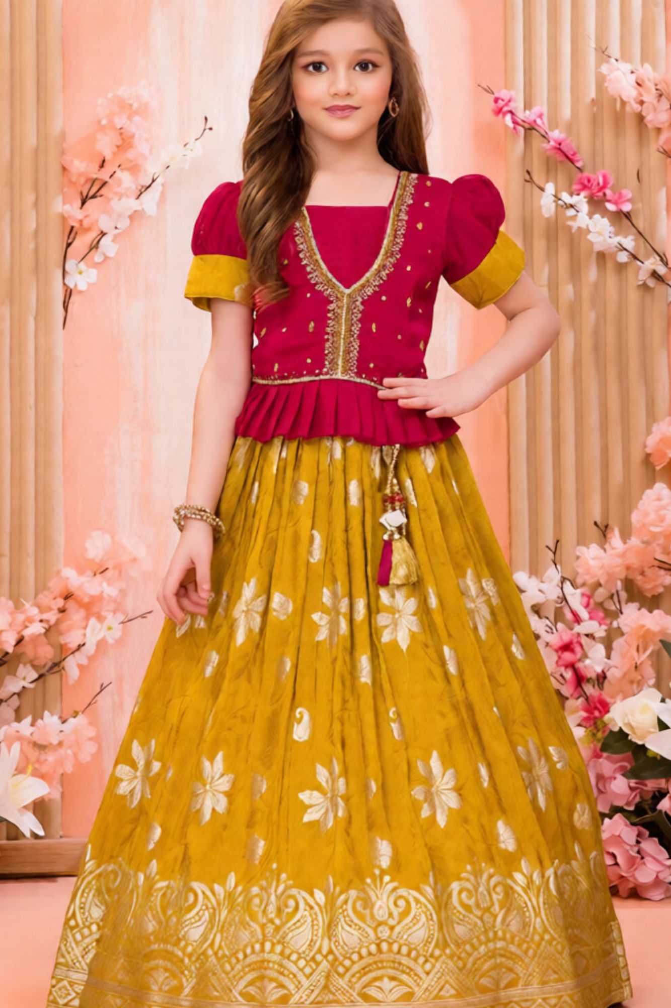 Rani Pink & Mustard Silk Pattu Pavadai Set with Zari Work For Girls