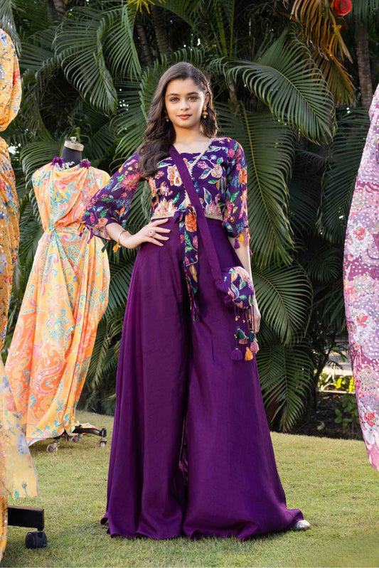 Purple Sequin And Floral Printed Palazzo Set With Sling Potli Bag For Girls
