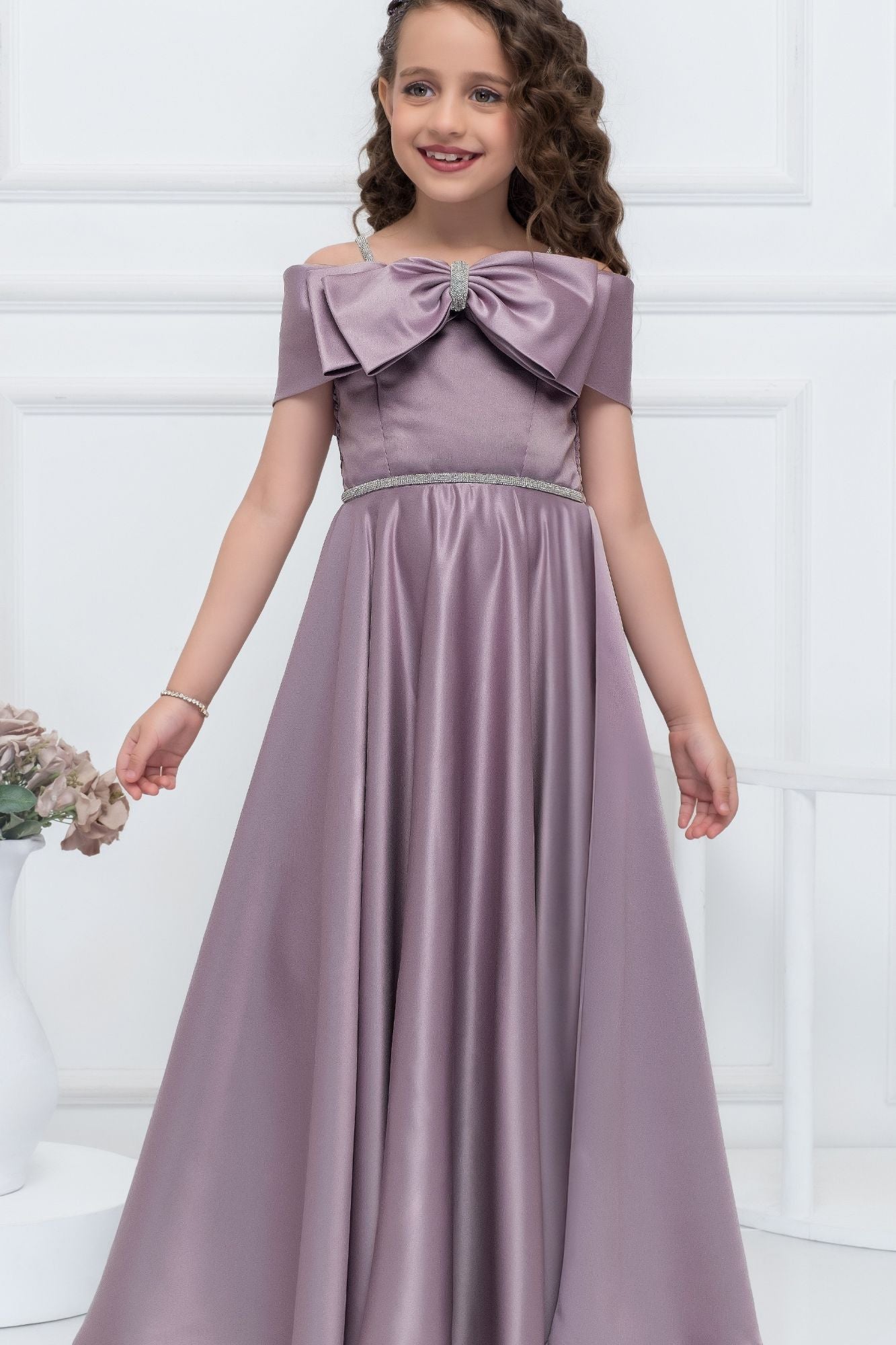 Mauve Embellished Bow Party Gown for Girls For Girls