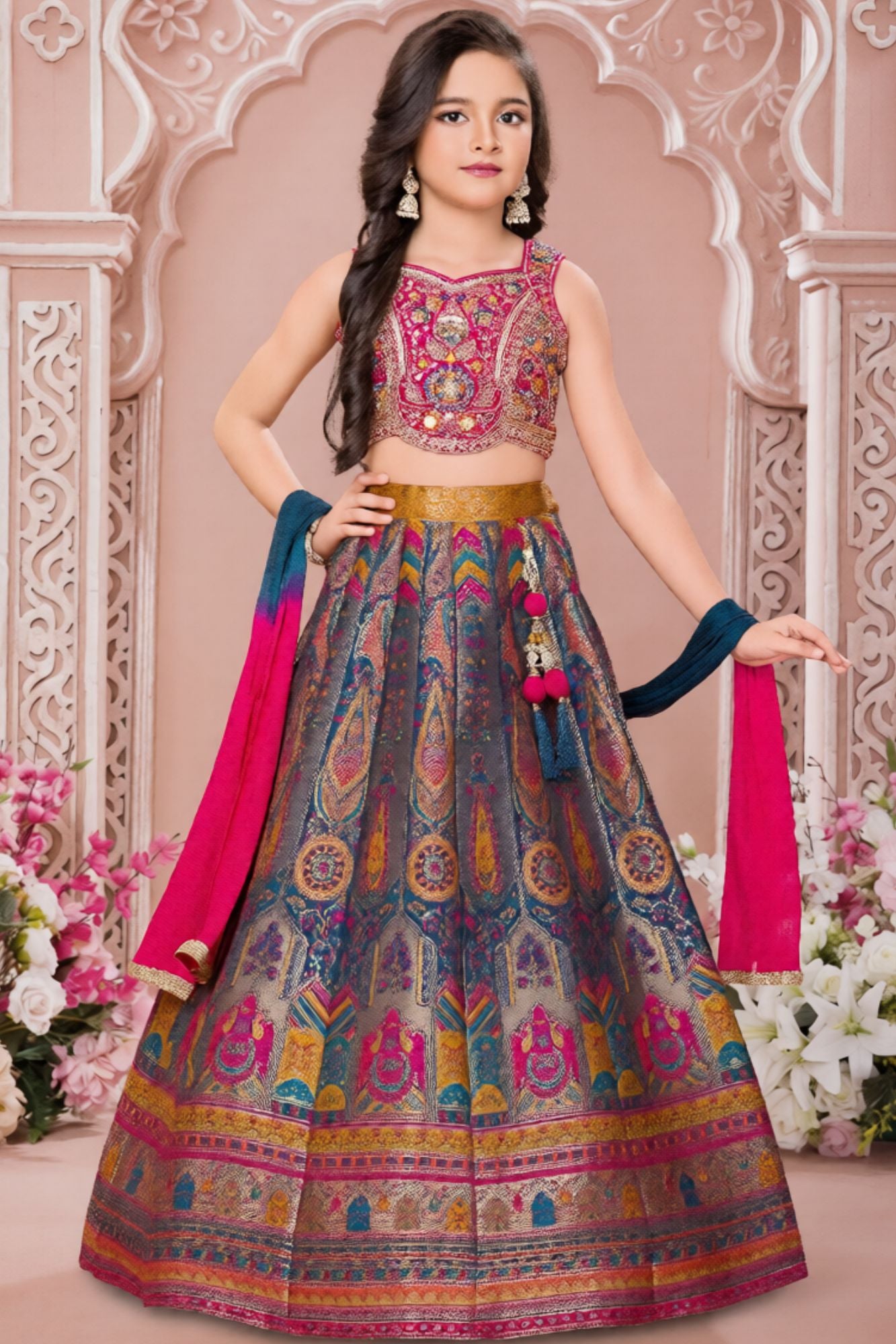 Designer Multicolor Embroidered Lehenga Choli Set With Dupatta For Girls