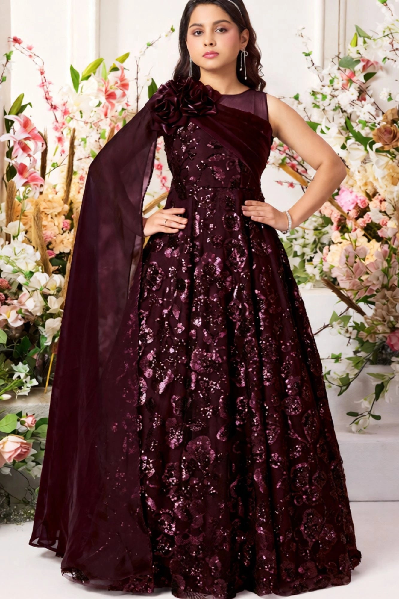 Wine Sequin Party Gown with One-Shoulder Cape & Floral Appliqué For Girls