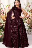 Wine Sequin Party Gown with One-Shoulder Cape & Floral Appliqué For Girls