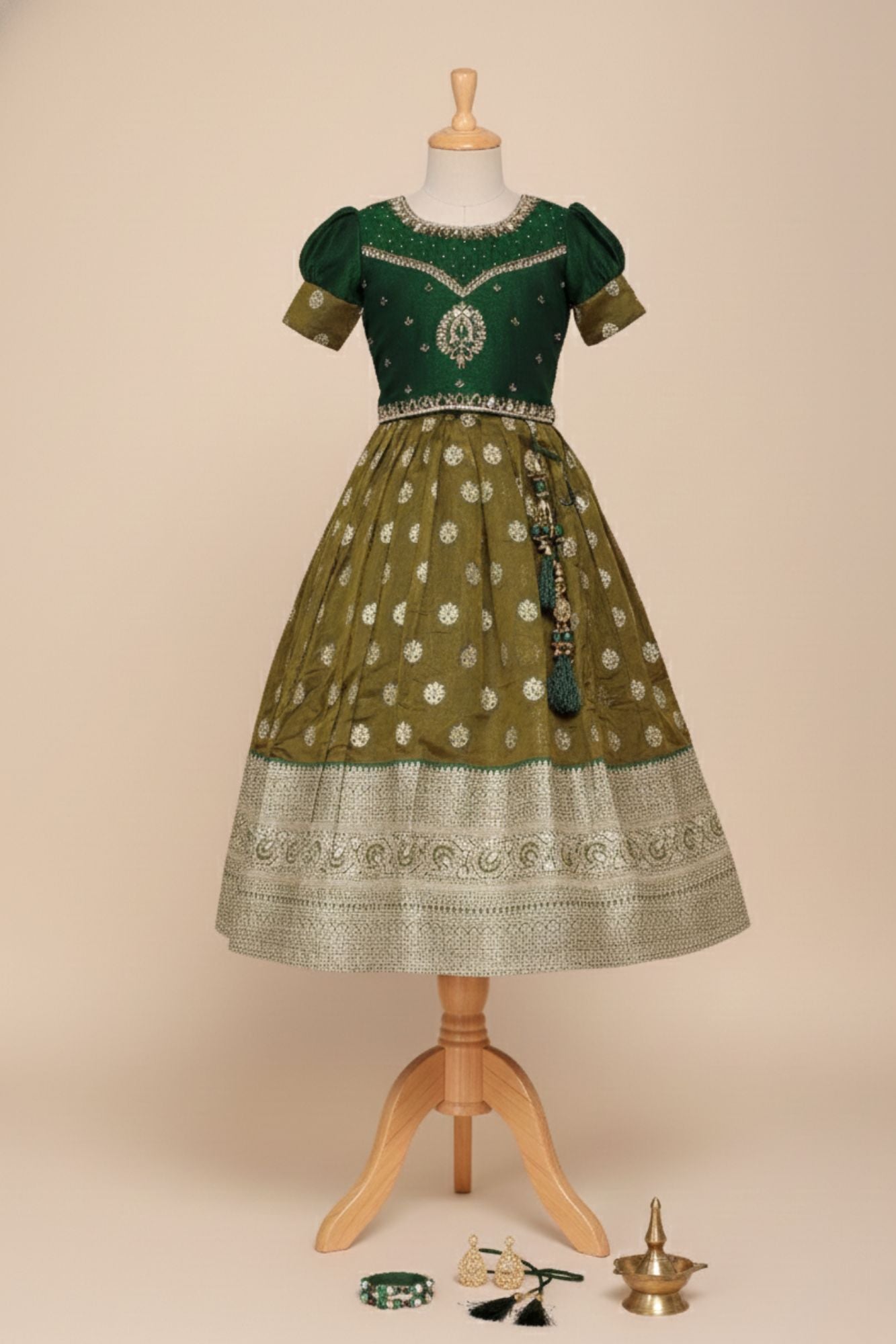 Bottle Green Mirror Embroidered Silk Pattu Pavadai For Girls