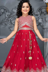 Stylish Red Lehenga with Silver Embroidery For Girls - Lagorii Kids