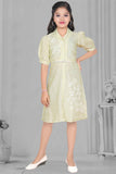 Pista Green Puff Sleeves Stripe With Floral Embroidered Frock For Girls