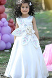 White Satin Gown with 3D Floral Embellished And Embroidery Gown For Girls