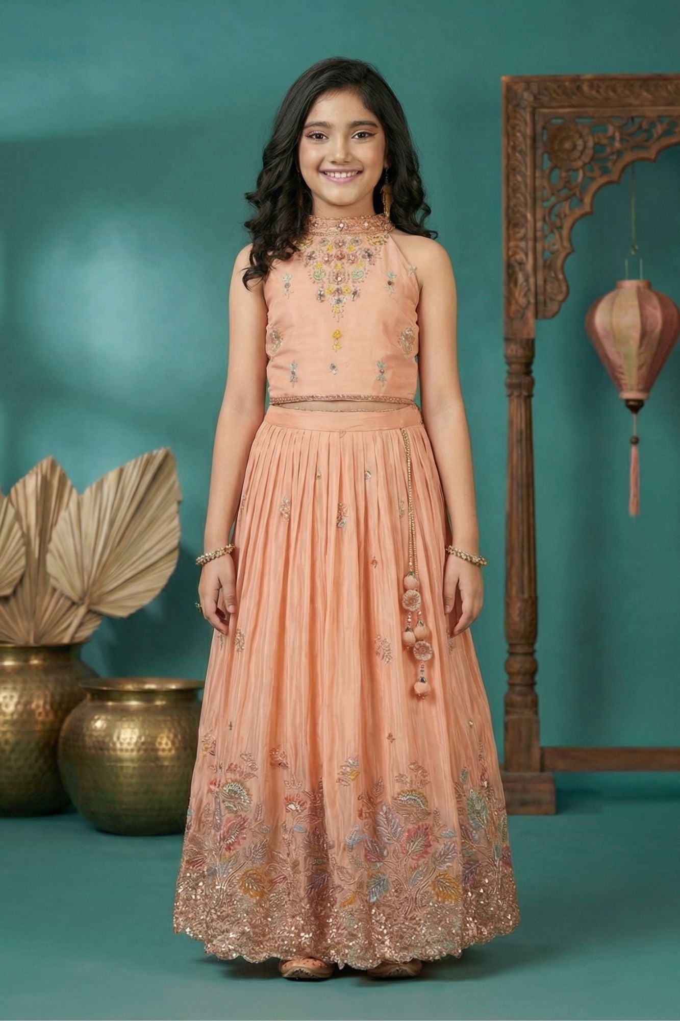 Girls Peach Embroidered Lehenga Choli Set