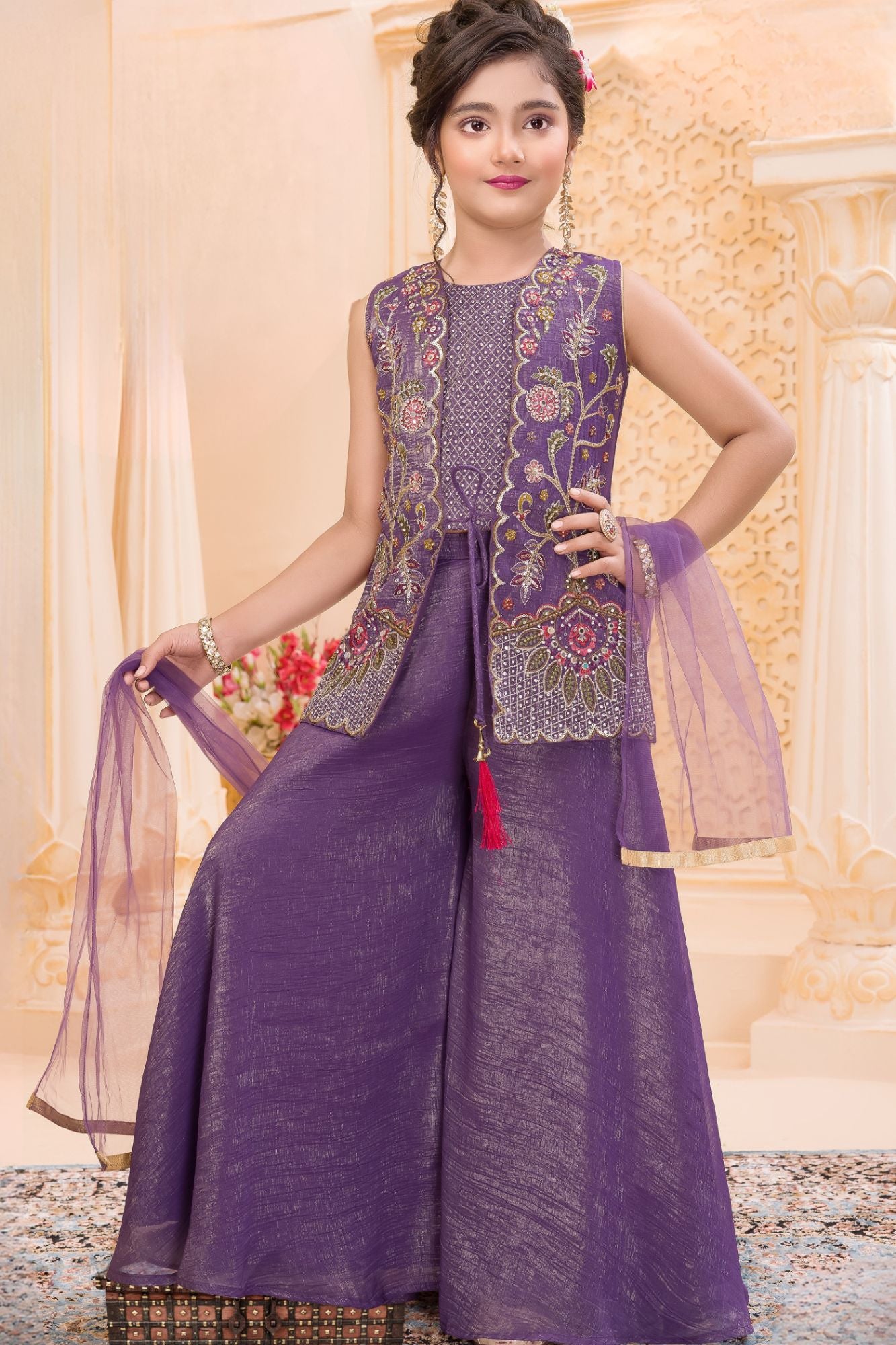 Purple Embroidered Palazzo Set for Girls