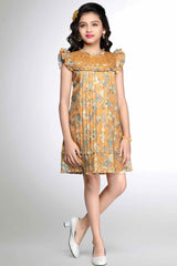 Mustard Floral Printed Frock With Ruffle Sleeves For Girls