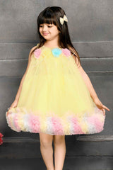 Yellow Net Frock Embellished With Floral For Girls - Lagorii Kids