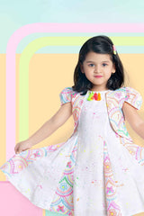 Cute Printed White Frock With Puffed Sleeves For Girls