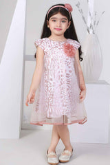 Stylish Peach Printed Frock With Tulle Layer For Girls