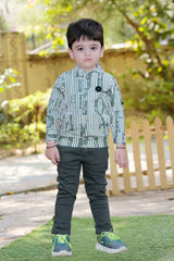 Green And White T-Shirt And Pant Set With Printed Overcoat For Boys