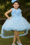 Blue Butterfly And Floral Embellished Party Wear Tailback Frock for Girls