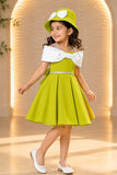 Green Off-Shoulder Bow Party Wear Frock with Matching Hat For Girls
