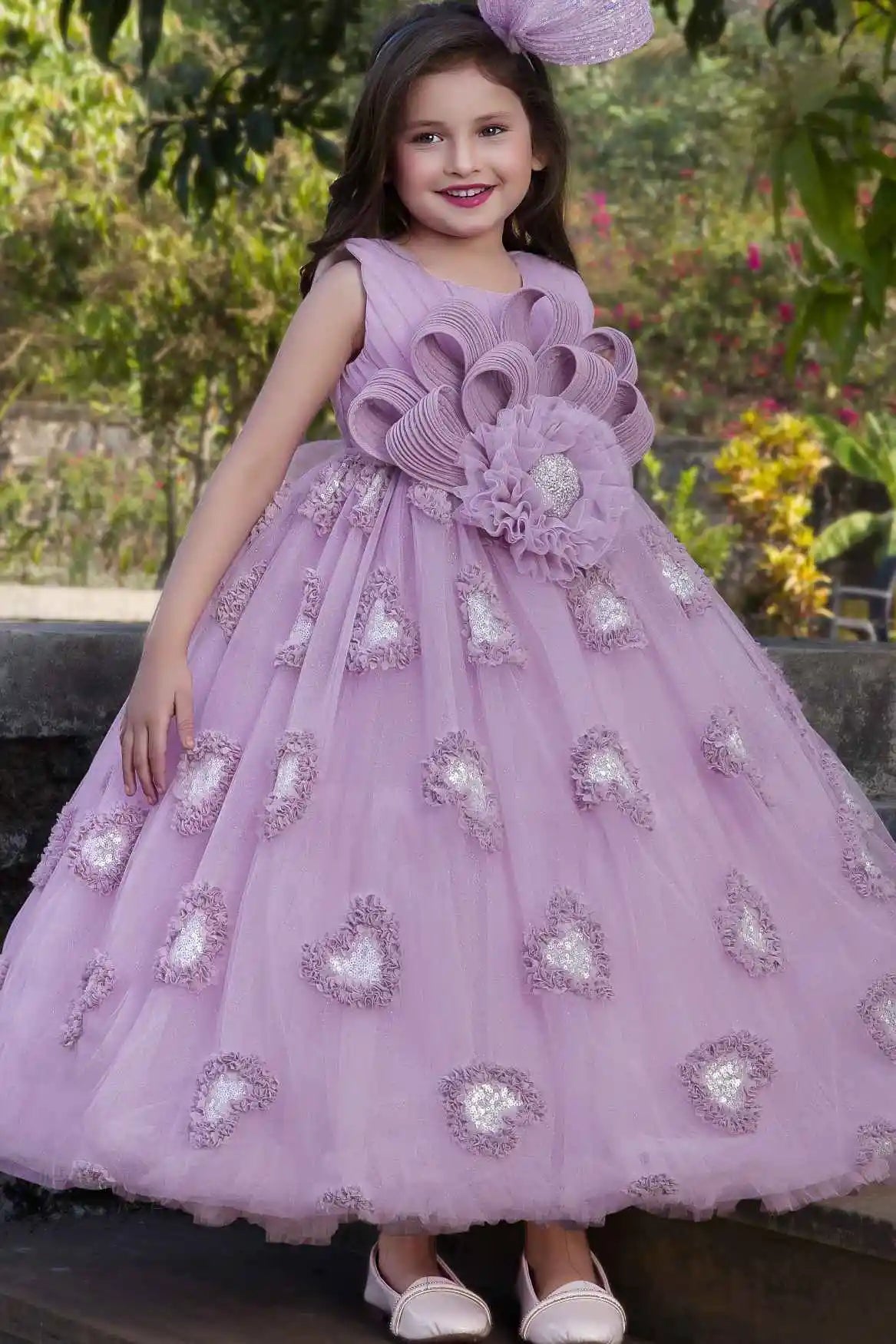 Lavender Floral Embellished Party Wear Gown With Sequin Detailing For Girls