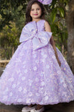 Lavender Party Wear Gown With Sequin Flowers And Giant Bow For Girls