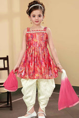 Orange And Cream Printed And Sequin Top With Dhoti Bottom Set For Girls