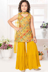 Elegant Yellow Sequin And Printed Sharara Set For Girls