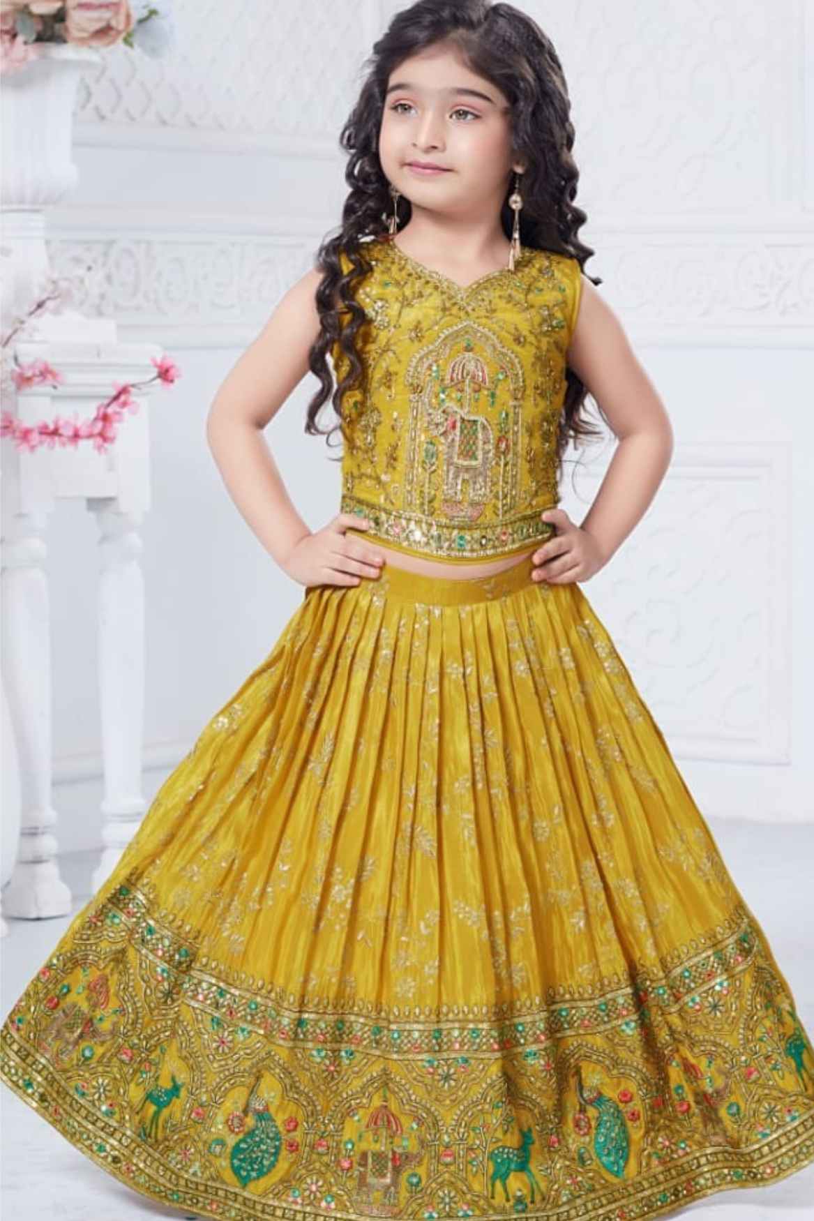 طقم ليهنغا تشولي مطرز بخرز الخردل للبنات