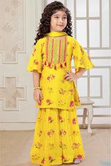 Yellow Sequins Work And Embroidered Sharara Set With Floral Printed For Girls