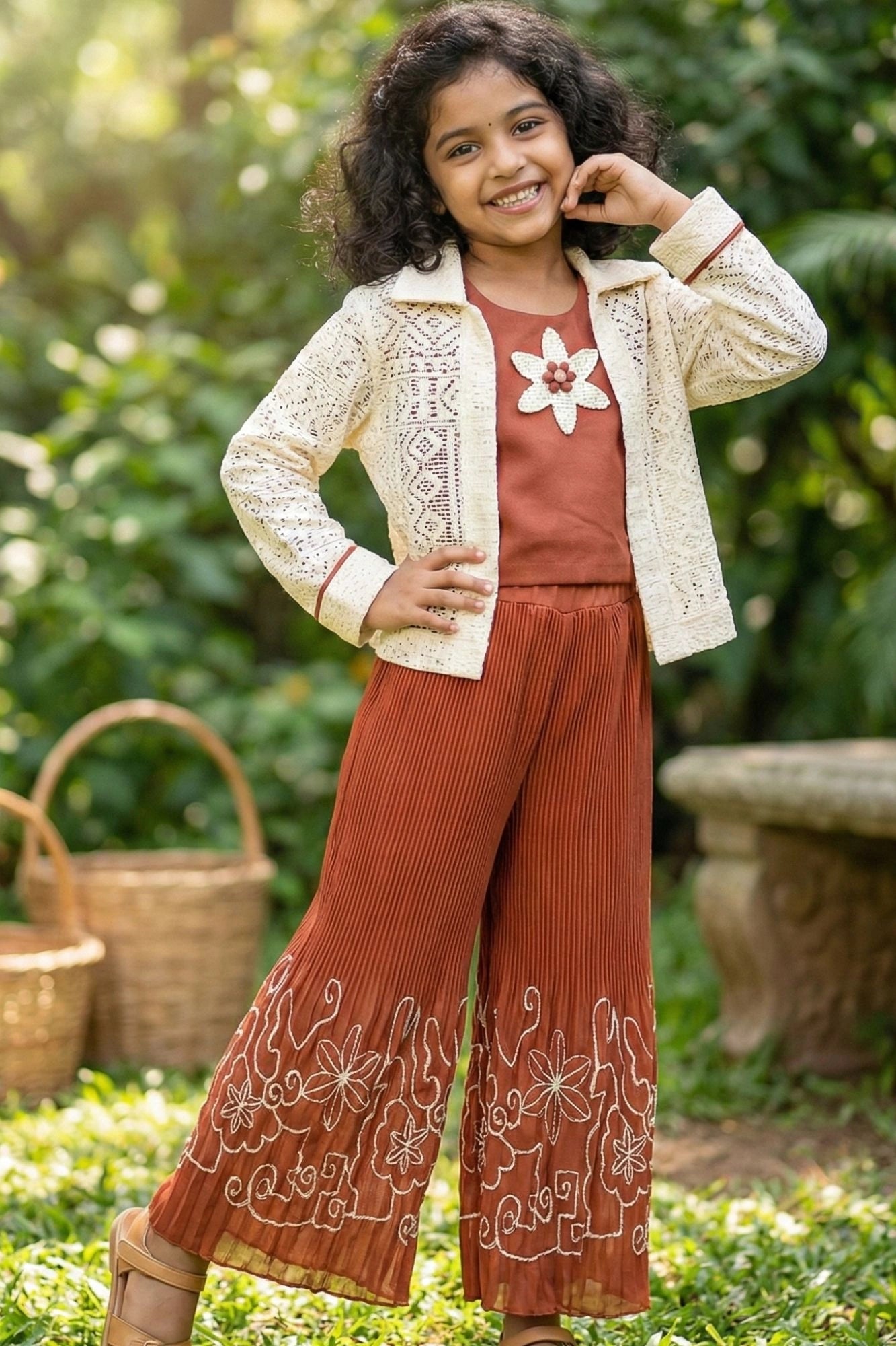 Brown Co-ord Set with Cream Lace Jacket & Floral Motif Top For Girls