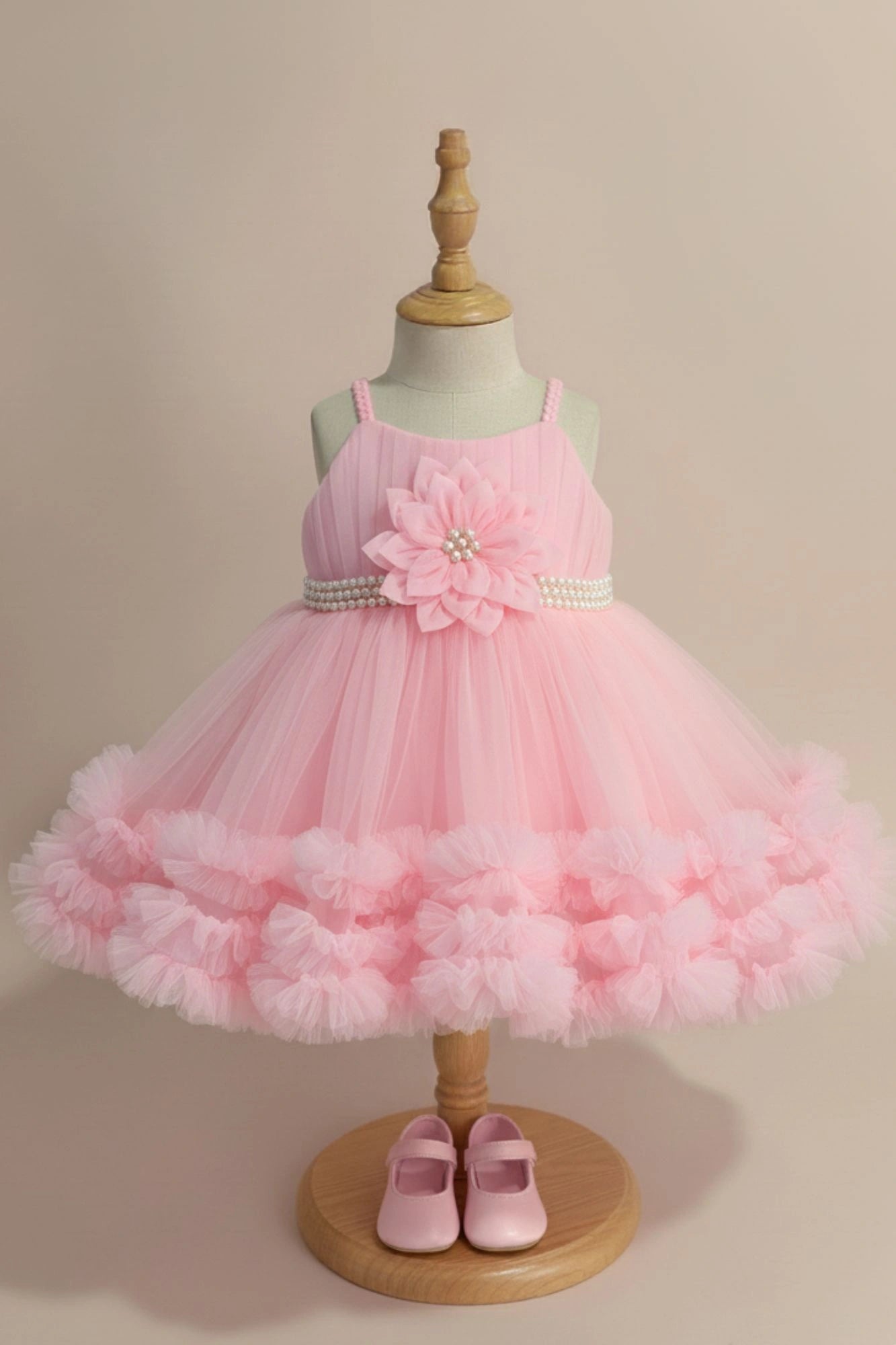 Baby Pink Net Party Wear Frock with 3D Flower & Ruffle Hem For Girls