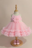 Baby Pink Net Party Wear Frock with 3D Flower & Ruffle Hem For Girls